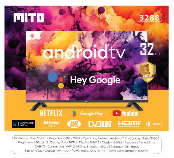 Jual MITO Android TV 3288, Smart TV 32 inch Dengan Android 11